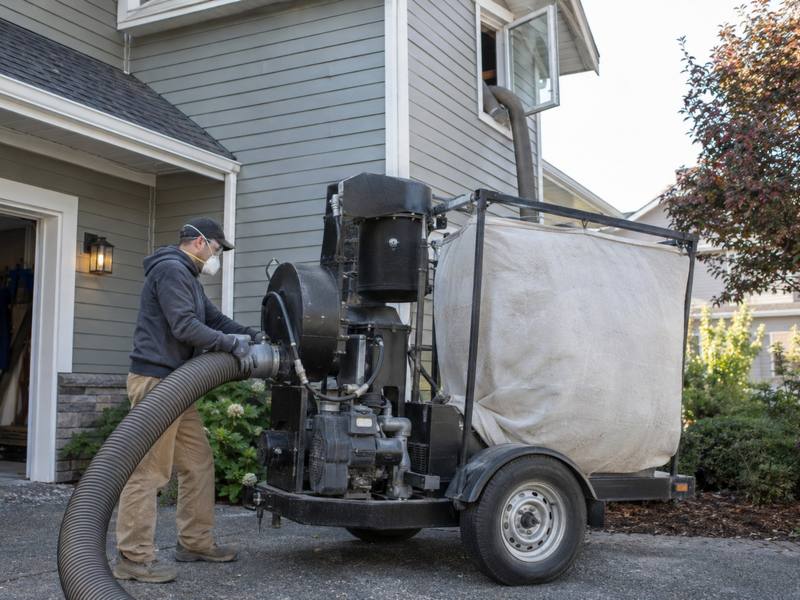 Worker in a mask guiding a large vacuum hose from a trailer-mounted insulation machine parked in a driveway