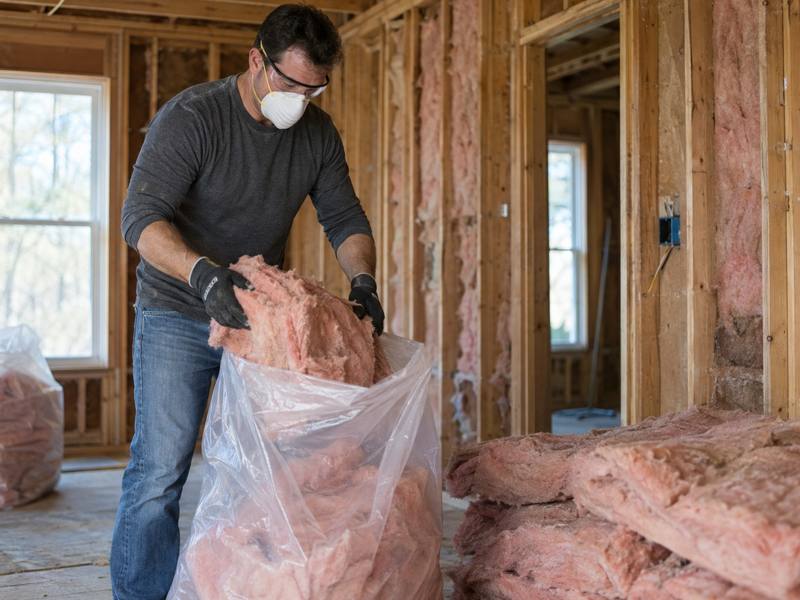 Worker in a dust mask packing pink fiberglass batts into a clear bag in a room with open stud walls