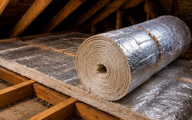 Roll of foil-faced blanket insulation resting on attic joists under the rafters