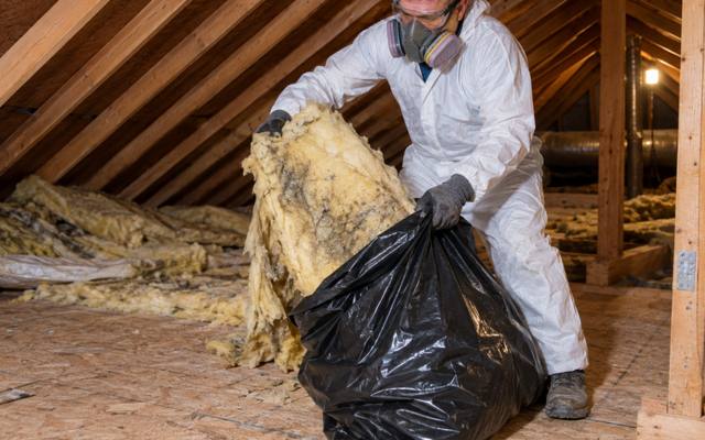 Worker in protective gear bagging stained, damp batt insulation pulled from an attic floor