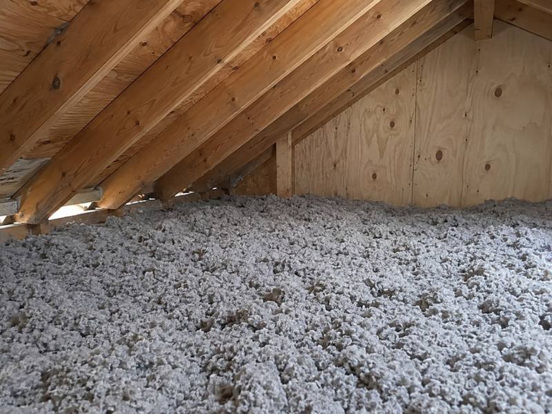 Even layer of grey loose-fill insulation across an attic floor beside a plywood gable wall